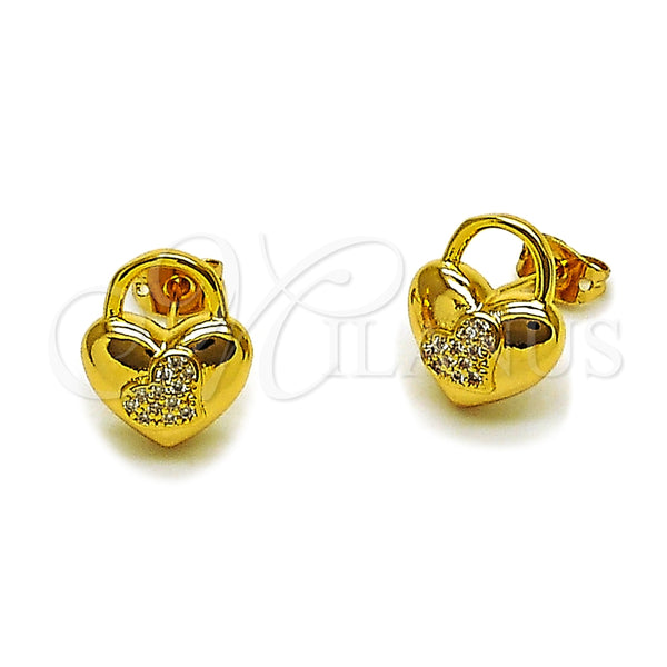 Arete Dormilona 02.342.0365 Oro Laminado, Diseño de Corazón y Candado, con Micro Pave Blanca, Pulido, Tono Dorado