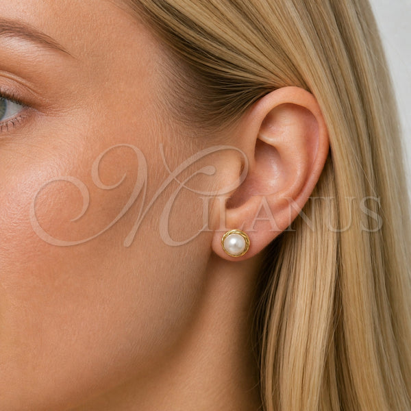 Arete Dormilona 02.342.0374 Oro Laminado, Diseño de Bola y Nudo, con Perla Marfil, Pulido, Tono Dorado