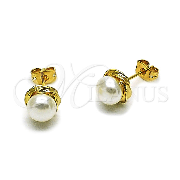 Arete Dormilona 02.342.0374 Oro Laminado, Diseño de Bola y Nudo, con Perla Marfil, Pulido, Tono Dorado