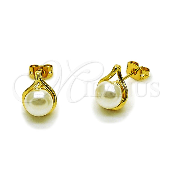 Arete Dormilona 02.342.0375 Oro Laminado, Diseño de Bola, con Perla Marfil, Pulido, Tono Dorado