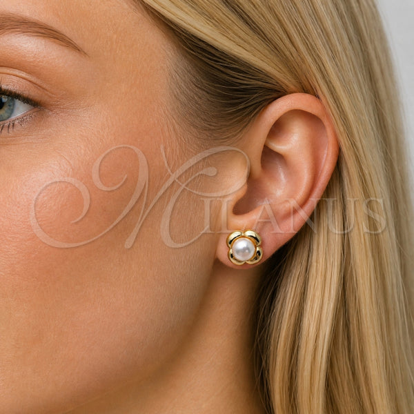Arete Dormilona 02.342.0376 Oro Laminado, Diseño de Trébol de Cuatro Hojas y Bola, con Perla Marfil, Pulido, Tono Dorado