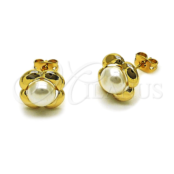 Arete Dormilona 02.342.0376 Oro Laminado, Diseño de Trébol de Cuatro Hojas y Bola, con Perla Marfil, Pulido, Tono Dorado
