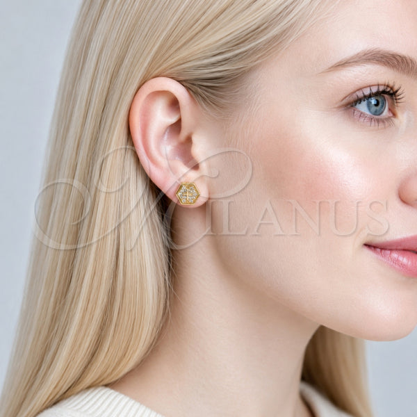 Arete Dormilona 02.342.0388 Oro Laminado, Diseño de Cruz, con Micro Pave Blanca, Pulido, Tono Dorado