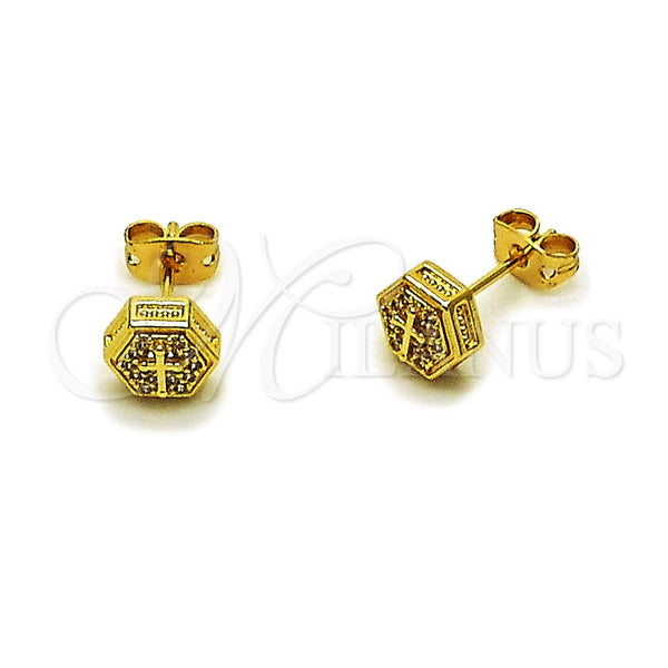 Arete Dormilona 02.342.0388 Oro Laminado, Diseño de Cruz, con Micro Pave Blanca, Pulido, Tono Dorado