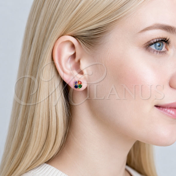 Arete Dormilona 02.342.0389 Oro Laminado, Diseño de Trébol de Cuatro Hojas, con Zirconia Cubica Multicolor y Micro Pave Blanca, Pulido, Tono Dorado
