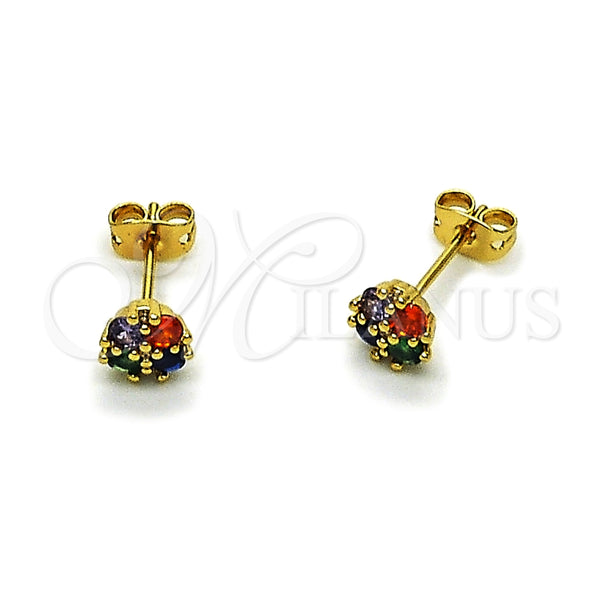 Arete Dormilona 02.342.0389 Oro Laminado, Diseño de Trébol de Cuatro Hojas, con Zirconia Cubica Multicolor y Micro Pave Blanca, Pulido, Tono Dorado