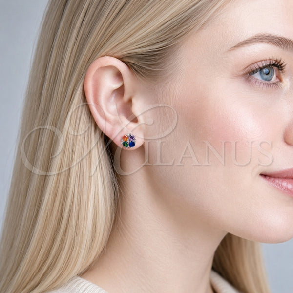Arete Dormilona 02.342.0389.1 Rodio Laminado, Diseño de Trébol de Cuatro Hojas, con Zirconia Cubica Multicolor y Blanca, Pulido, Rodinado