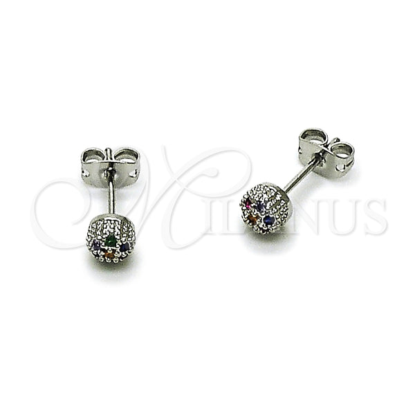 Arete Dormilona 02.342.0392.1 Rodio Laminado, Diseño de Bola, con Micro Pave Multicolor, Pulido, Rodinado