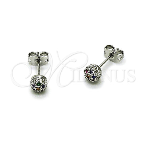 Arete Dormilona 02.342.0392.1 Rodio Laminado, Diseño de Bola, con Micro Pave Multicolor, Pulido, Rodinado