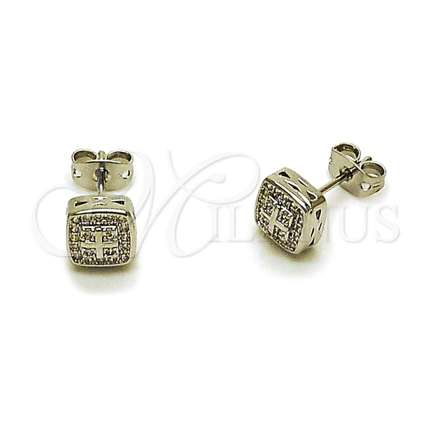 Arete Dormilona 02.342.0407 Rodio Laminado, Diseño de Cruz, con Micro Pave Blanca, Pulido, Rodinado