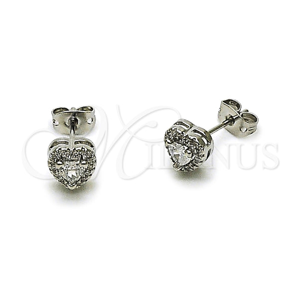 Arete Dormilona 02.342.0408 Rodio Laminado, Diseño de Corazón y Cluster, con Zirconia Cubica Blanca y Micro Pave Blanca, Pulido, Rodinado