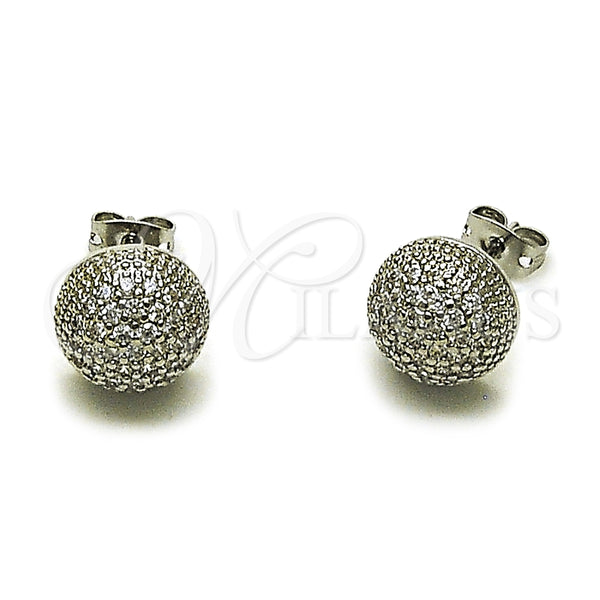 Arete Dormilona 02.342.0420 Rodio Laminado, Diseño de Bola, con Micro Pave Blanca, Pulido, Rodinado