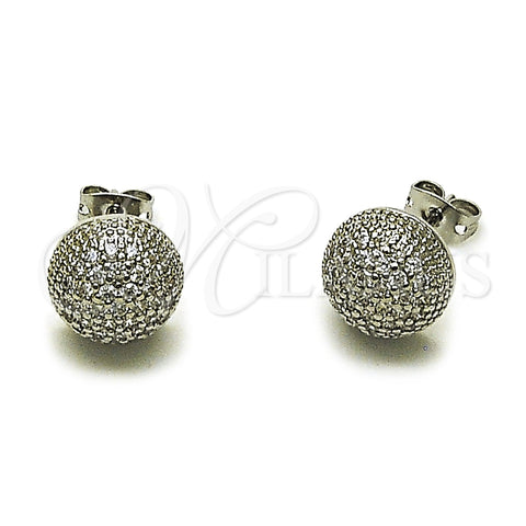 Arete Dormilona 02.342.0420 Rodio Laminado, Diseño de Bola, con Micro Pave Blanca, Pulido, Rodinado