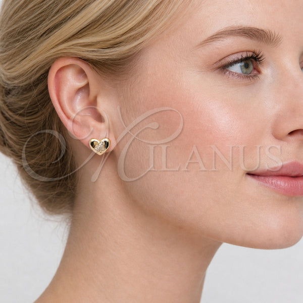 Arete Dormilona 02.342.0425 Oro Laminado, Diseño de Corazón, con Micro Pave Blanca, Pulido, Tono Dorado
