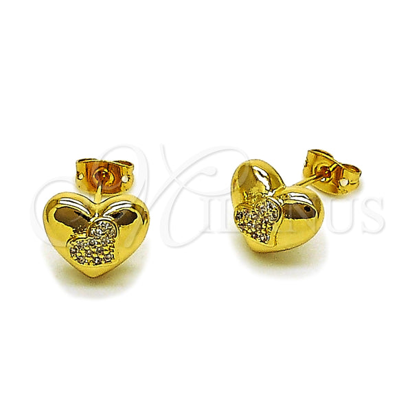 Arete Dormilona 02.342.0425 Oro Laminado, Diseño de Corazón, con Micro Pave Blanca, Pulido, Tono Dorado