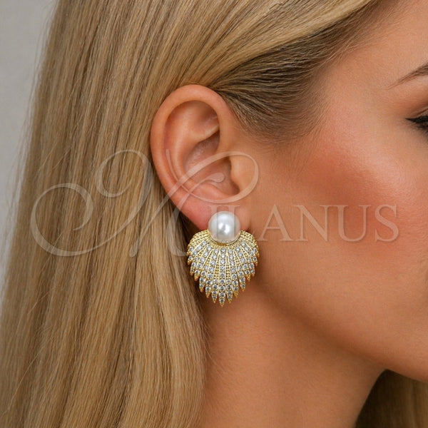 Arete Dormilona 02.436.0052 Oro Laminado, Diseño de Flor y Bola, con Perla Marfil y Zirconia Cubica Blanca, Pulido, Tono Dorado