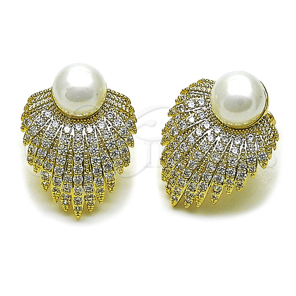 Arete Dormilona 02.436.0052 Oro Laminado, Diseño de Flor y Bola, con Perla Marfil y Zirconia Cubica Blanca, Pulido, Tono Dorado