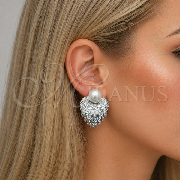 Arete Dormilona 02.436.0052.1 Rodio Laminado, Diseño de Flor y Bola, con Zirconia Cubica Blanca y Perla Marfil, Pulido, Rodinado