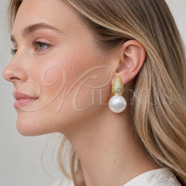 Arete Dormilona 02.436.0053 Oro Laminado, Diseño de Gota y Bola, con Madre Perla Marfil y Zirconia Cubica Blanca, Pulido, Tono Dorado