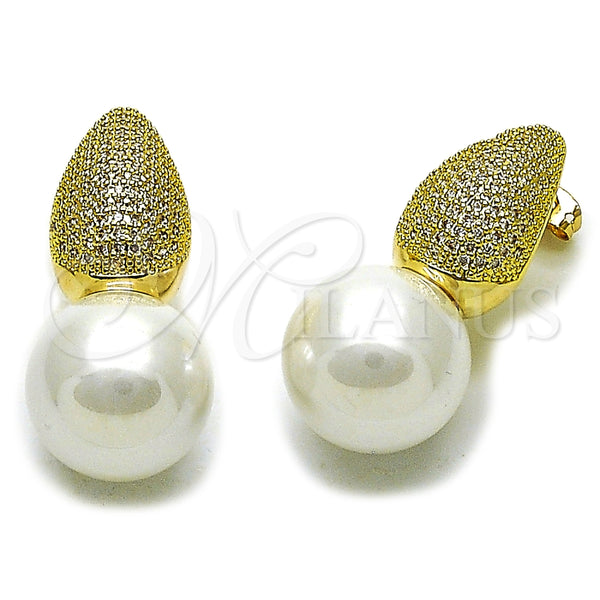Arete Dormilona 02.436.0053 Oro Laminado, Diseño de Gota y Bola, con Madre Perla Marfil y Zirconia Cubica Blanca, Pulido, Tono Dorado