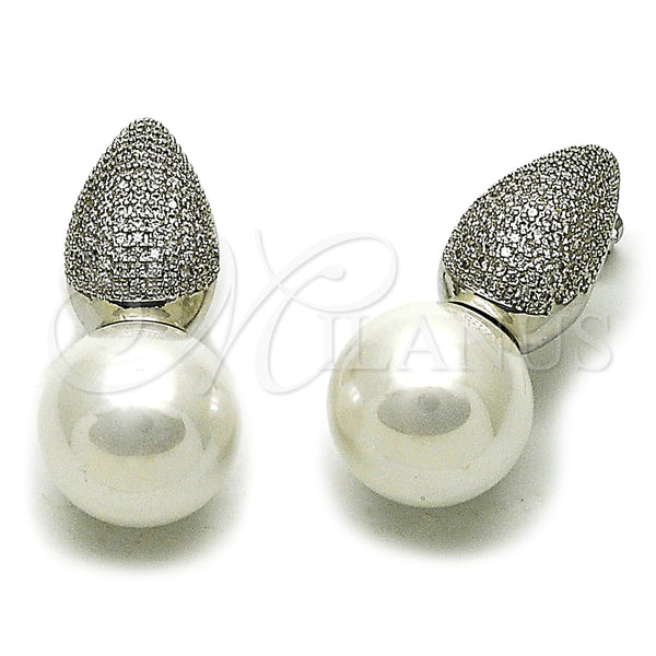 Arete Dormilona 02.436.0053.1 Rodio Laminado, Diseño de Bola y Gota, con Madre Perla Marfil y Zirconia Cubica Blanca, Pulido, Rodinado