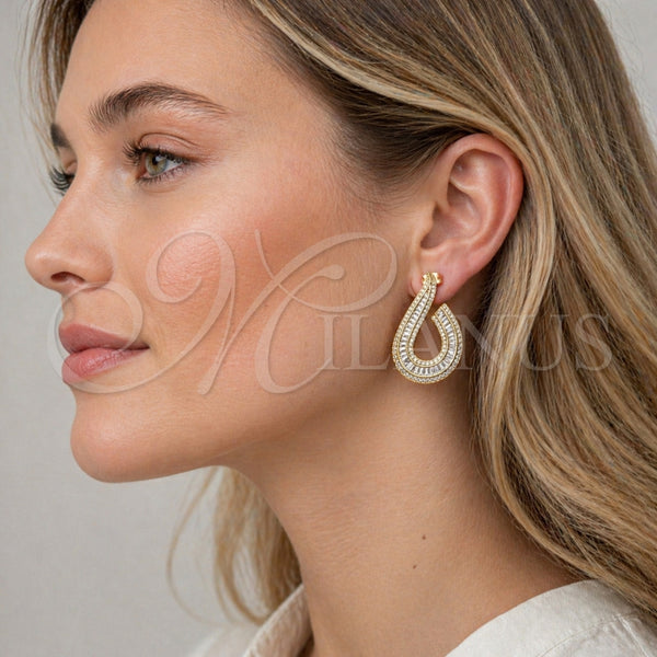 Arete Dormilona 02.436.0054 Oro Laminado, Diseño de Baguette, con Zirconia Cubica Blanca y Micro Pave Blanca, Pulido, Tono Dorado
