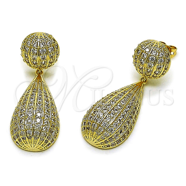 Arete Colgante 02.436.0056 Oro Laminado, Diseño de Gota y Bola, con Zirconia Cubica Blanca, Pulido, Tono Dorado