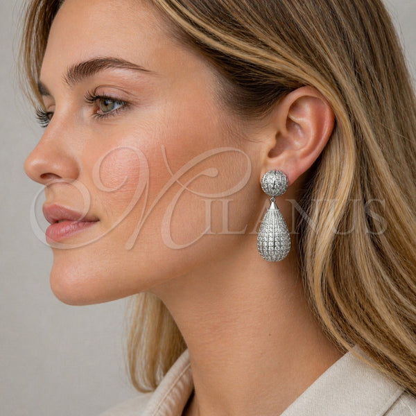 Arete Colgante 02.436.0056.1 Rodio Laminado, Diseño de Gota y Bola, con Zirconia Cubica Blanca, Pulido, Rodinado