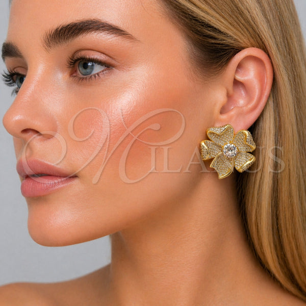 Arete Dormilona 02.465.0011 Oro Laminado, Diseño de Flor, con Zirconia Cubica Blanca, Pulido, Tono Dorado