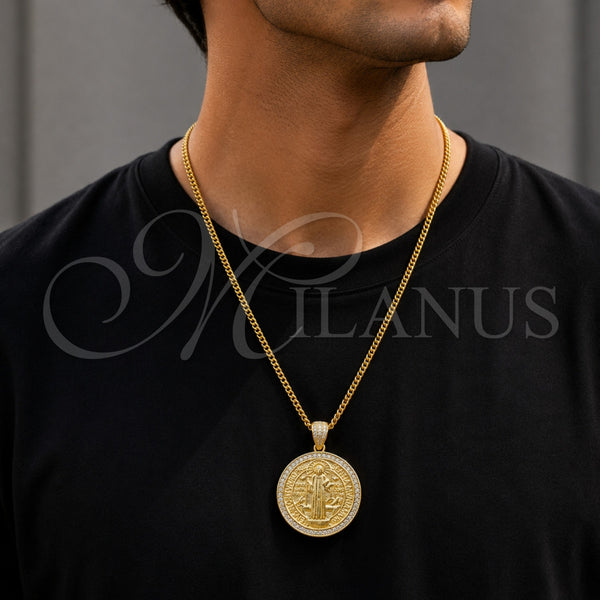 Dije Religioso 05.465.0009 Oro Laminado, Diseño de San Benito, con Zirconia Cubica Blanca, Pulido, Tono Dorado