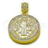 Dije Religioso 05.465.0009 Oro Laminado, Diseño de San Benito, con Zirconia Cubica Blanca, Pulido, Tono Dorado