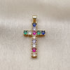 Dije Religioso 05.465.0015 Oro Laminado, Diseño de Cruz, con Zirconia Cubica Multicolor, Pulido, Tono Dorado