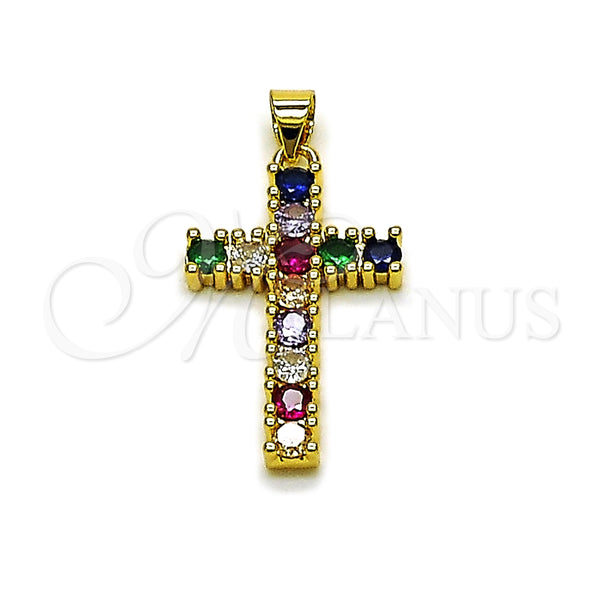 Dije Religioso 05.465.0015 Oro Laminado, Diseño de Cruz, con Zirconia Cubica Multicolor, Pulido, Tono Dorado