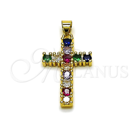 Dije Religioso 05.465.0015 Oro Laminado, Diseño de Cruz, con Zirconia Cubica Multicolor, Pulido, Tono Dorado