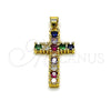 Dije Religioso 05.465.0015 Oro Laminado, Diseño de Cruz, con Zirconia Cubica Multicolor, Pulido, Tono Dorado