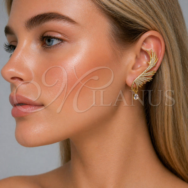 Arete Dormilona 02.465.0023 Oro Laminado, Diseño de Alas y Gota, con Micro Pave Blanca y Zirconia Cubica Blanca, Pulido, Tono Dorado