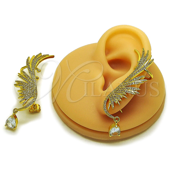 Arete Dormilona 02.465.0023 Oro Laminado, Diseño de Alas y Gota, con Micro Pave Blanca y Zirconia Cubica Blanca, Pulido, Tono Dorado