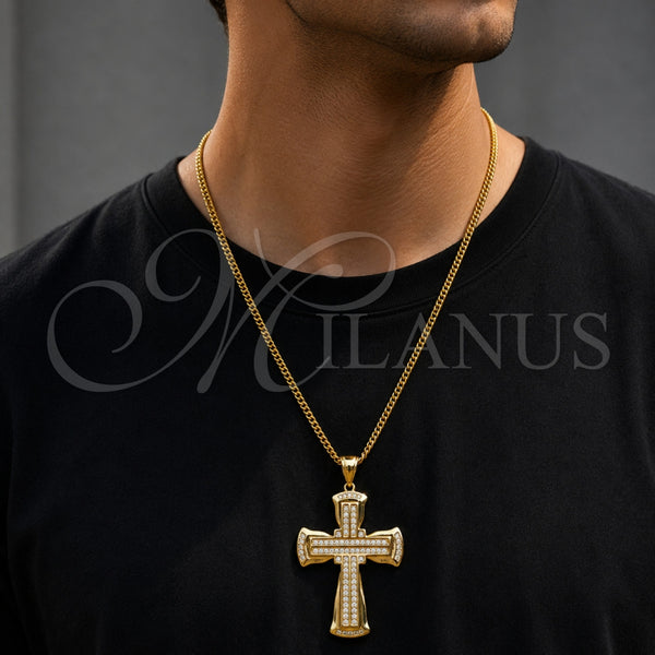 Dije Religioso 05.459.0010 Oro Laminado, Diseño de Cruz, con Zirconia Cubica Blanca, Pulido, Tono Dorado