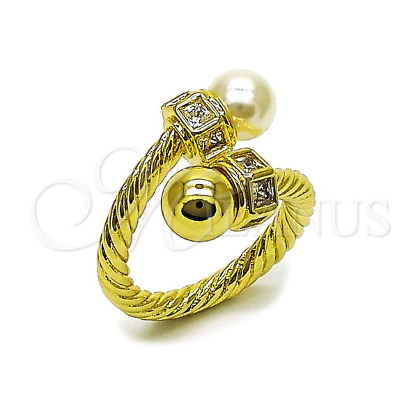 Anillo Multi Piedra 01.459.0002 Oro Laminado, Diseño de Torcido y Bola, con Zirconia Cubica Blanca y Perla Marfil, Pulido, Tono Dorado (Talla Unica)