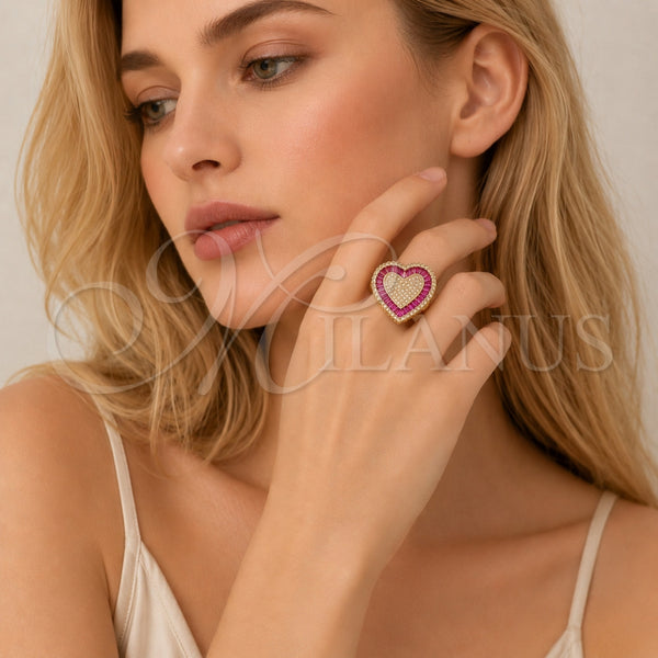 Anillo Multi Piedra 01.459.0004 Oro Laminado, Diseño de Corazón y Baguette, con Zirconia Cubica Rubi y Micro Pave Blanca, Pulido, Tono Dorado (Talla Unica)