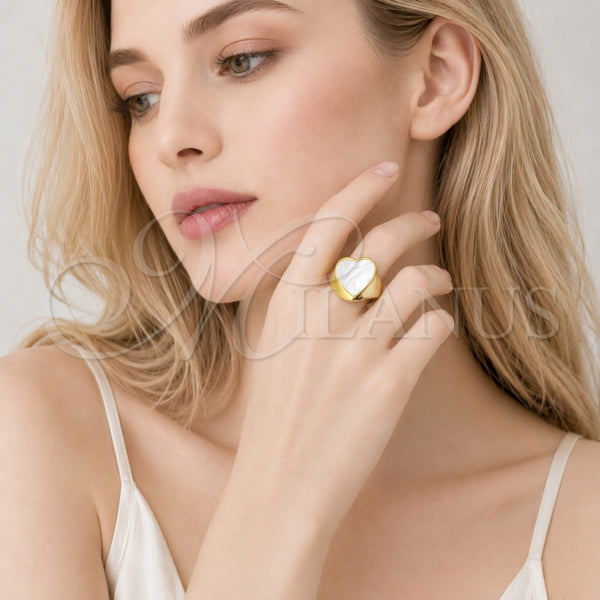Anillo Multi Piedra 01.459.0005 Oro Laminado, Diseño de Corazón, con Madre Perla Marfil, Pulido, Tono Dorado (Talla Unica)