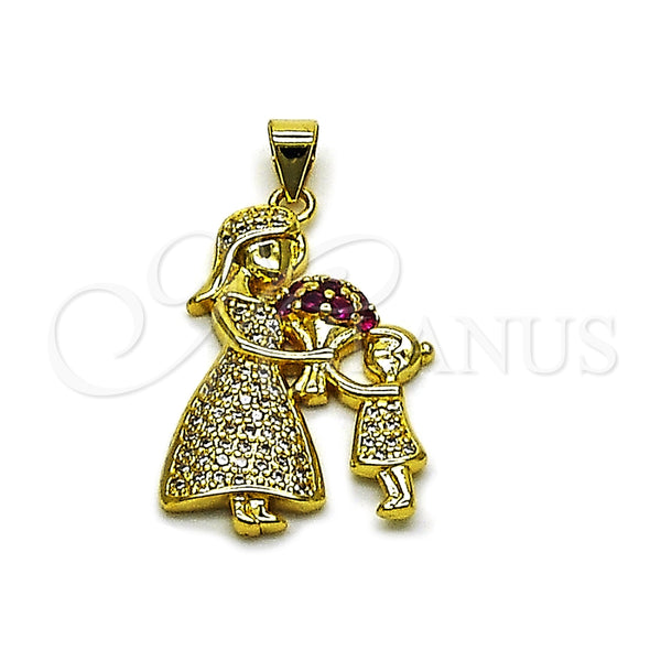 Dije Elegante 05.459.0011 Oro Laminado, Diseño de Flor y Niñita Pequeña, con Zirconia Cubica Rubi y Micro Pave Blanca, Pulido, Tono Dorado