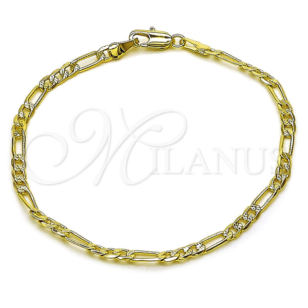 Pulsera Básica 04.213.0374.07 Oro Laminado, Diseño de Figaro Concave, Diamantado, Tono Dorado (Grosor 03.5 MM, 7 Pulgadas de Largo)