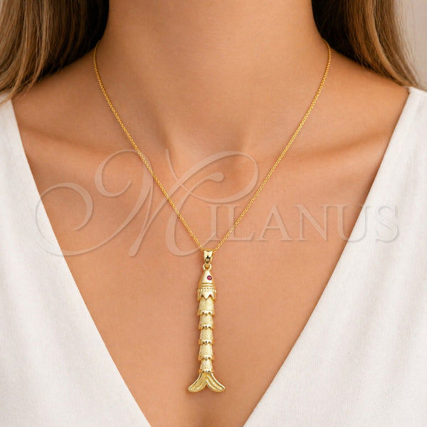 Dije Elegante 05.458.0005 Oro Laminado, Diseño de Pescado, con Zirconia Cubica Rubi, Diamantado, Tono Dorado