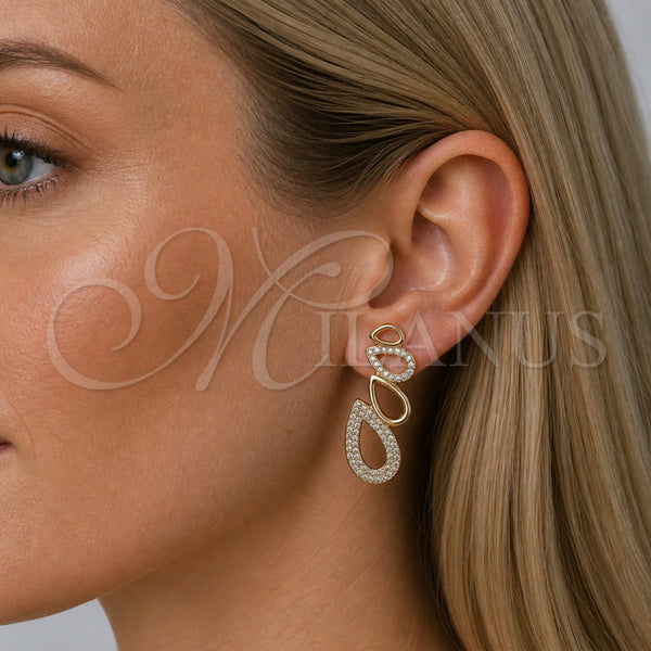 Arete Dormilona 02.204.0089 Oro Laminado, Diseño de Gota, con Micro Pave Blanca, Pulido, Tono Dorado
