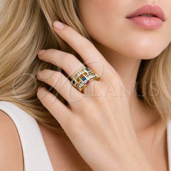 Anillo Multi Piedra 01.424.0009.1 Oro Laminado, Diseño de Baguette, con Zirconia Cubica Multicolor, Pulido, Tono Dorado (Talla Unica)