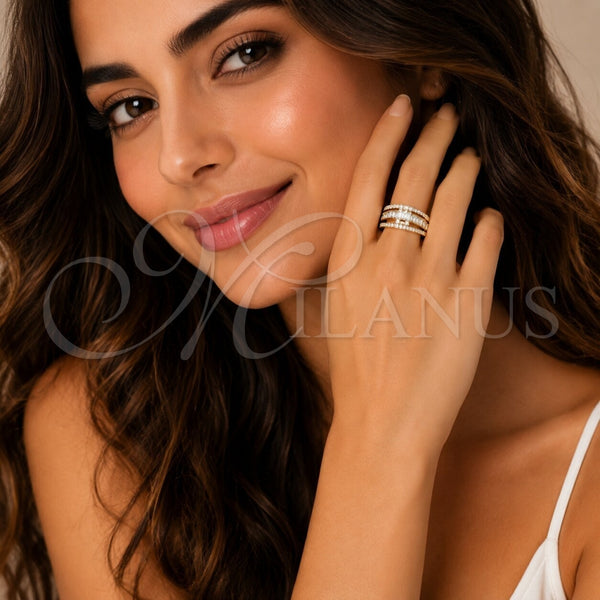 Anillo Multi Piedra 01.424.0011.1 Rodio Laminado, Diseño de Baguette y Cluster, con Zirconia Cubica Blanca y Micro Pave Blanca, Pulido, Rodinado (Talla Unica)