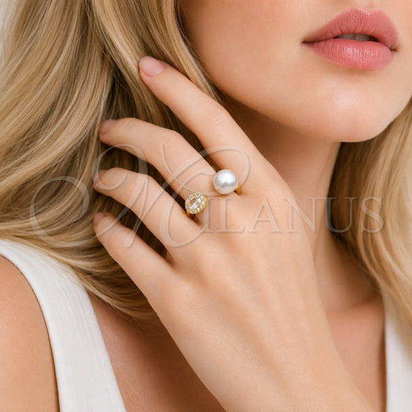 Anillo Multi Piedra 01.424.0012 Oro Laminado, Diseño de Bola y Cluster, con Perla Marfil y Zirconia Cubica Blanca, Pulido, Tono Dorado (Talla Unica)