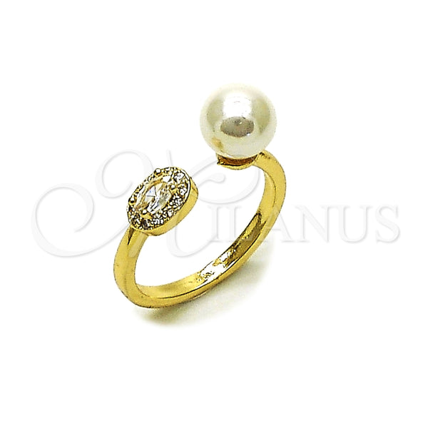 Anillo Multi Piedra 01.424.0012 Oro Laminado, Diseño de Bola y Cluster, con Perla Marfil y Zirconia Cubica Blanca, Pulido, Tono Dorado (Talla Unica)