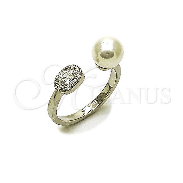 Anillo Multi Piedra 01.424.0012.1 Rodio Laminado, Diseño de Bola y Cluster, con Perla Marfil y Zirconia Cubica Blanca, Pulido, Rodinado (Talla Unica)